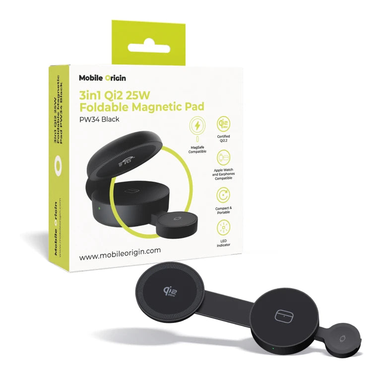 3v1 skládací magnetická nabíječka Qi2 25W Mobile Origin PW34 - černá