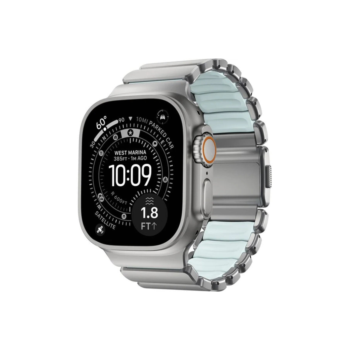 Řemínek pro Apple Watch 45/46/49 mm Nomad Stratos Natural Titanium FKM - Icy Blue Glow