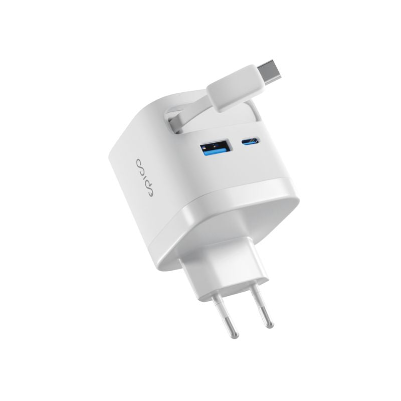 EPICO ULTRABOOST RETRACTABLE GAN 65W SÍŤOVÝ ADAPTÉR EA65C | SE ZABUDOVANÝM KABELEM | BÍLÁ | TŘI VÝSTUPY - istyle.work
