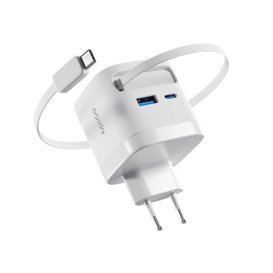 EPICO ULTRABOOST RETRACTABLE GAN 65W SÍŤOVÝ ADAPTÉR EA65C | SE ZABUDOVANÝM KABELEM | BÍLÁ | TŘI VÝSTUPY - istyle.work