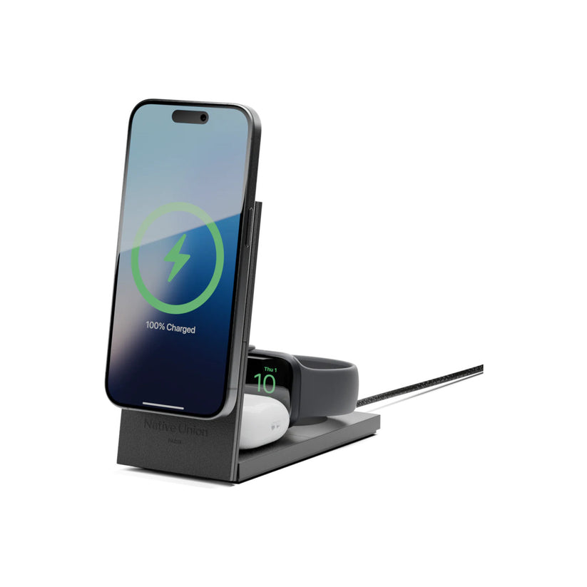 Bezdrátová nabíječka s mezinárodními adaptéry Native Union Rise 3-in-1 Qi2 - černá - istyle.work