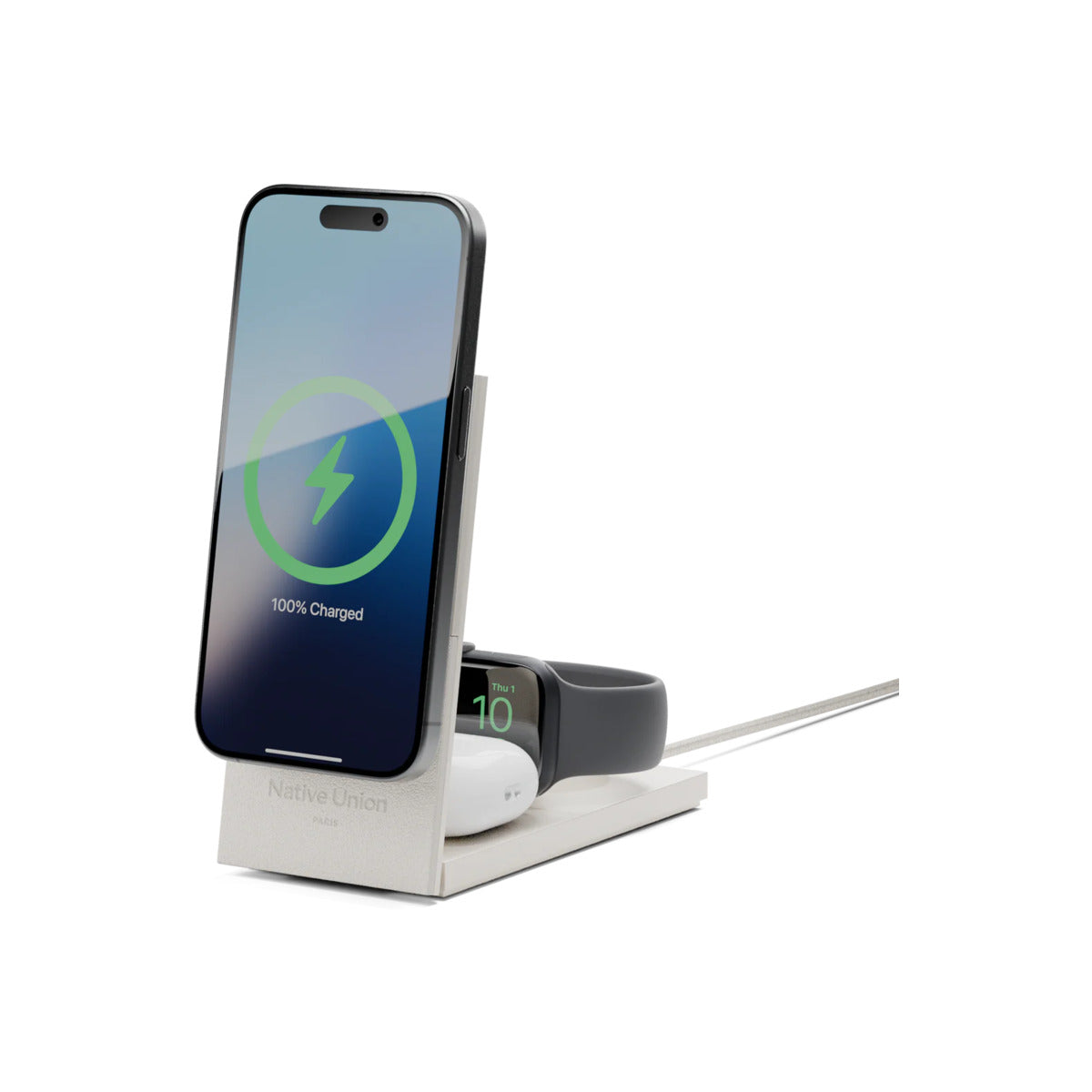 Bezdrátová nabíječka s mezinárodními adaptéry Native Union Rise 3-in-1 Qi2 - stříbrná - istyle.work