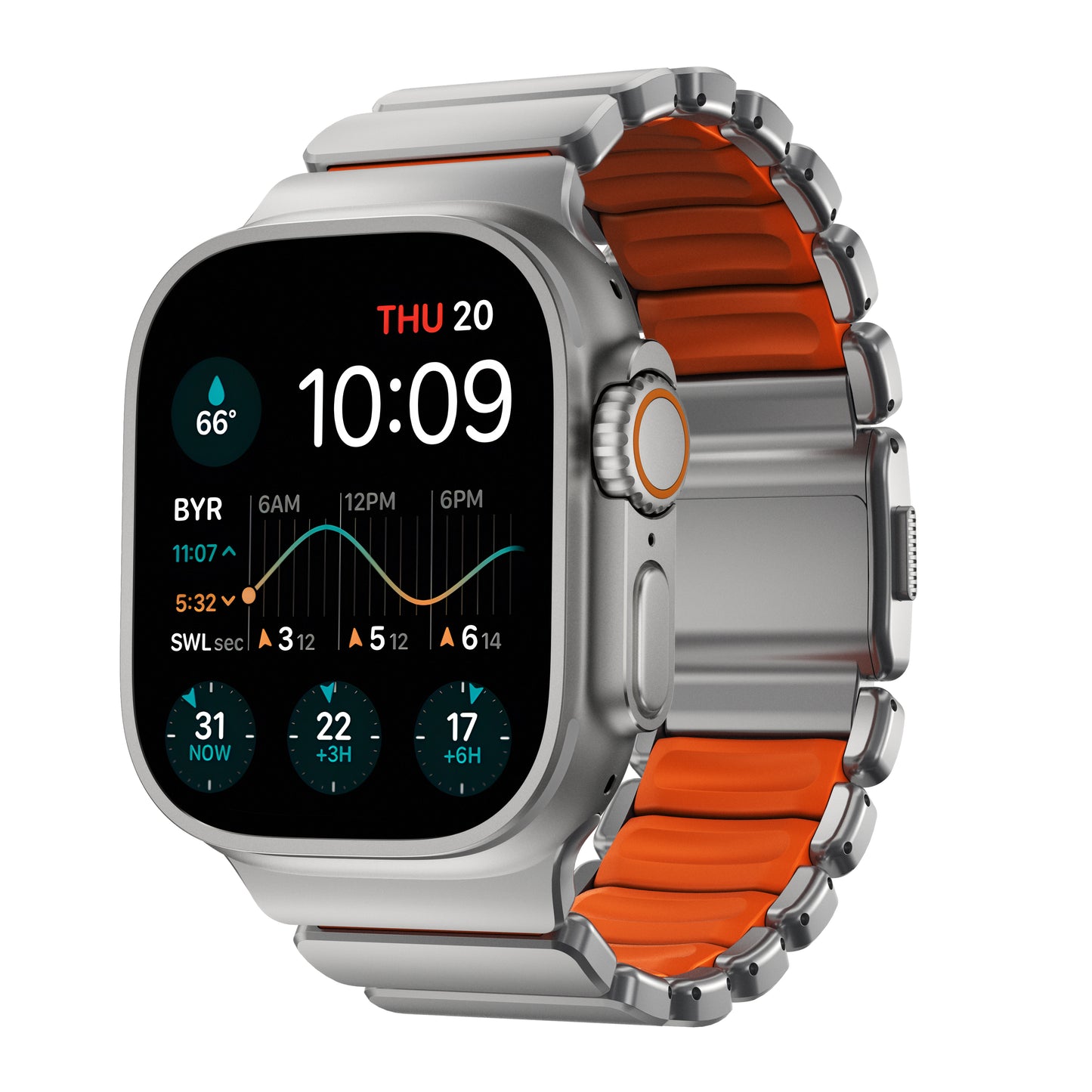 Řemínek pro Apple Watch 45/46/49 mm Nomad Stratos Band FKM - stříbrný/oranžový
