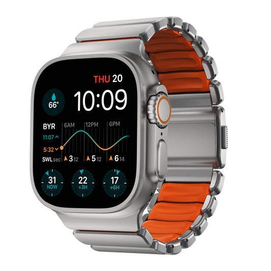 Řemínek pro Apple Watch 45/46/49 mm Nomad Stratos Band FKM - stříbrný/oranžový