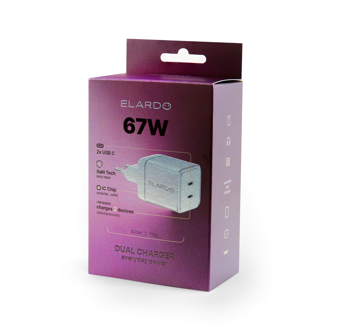 67W výkonná duální USB-C nabíječka ELARDO Everyday Charger GaN