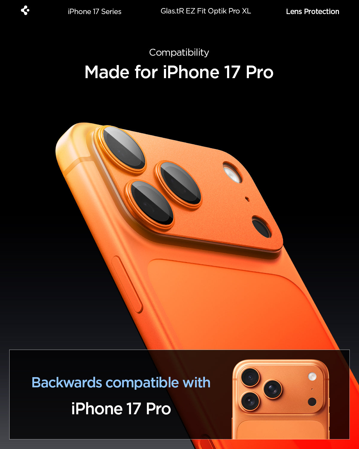 Sklo na fotoaparát pro iPhone 17 Pro Max Spigen Glass tR EZ Fit Optik Pro XL - oranžové