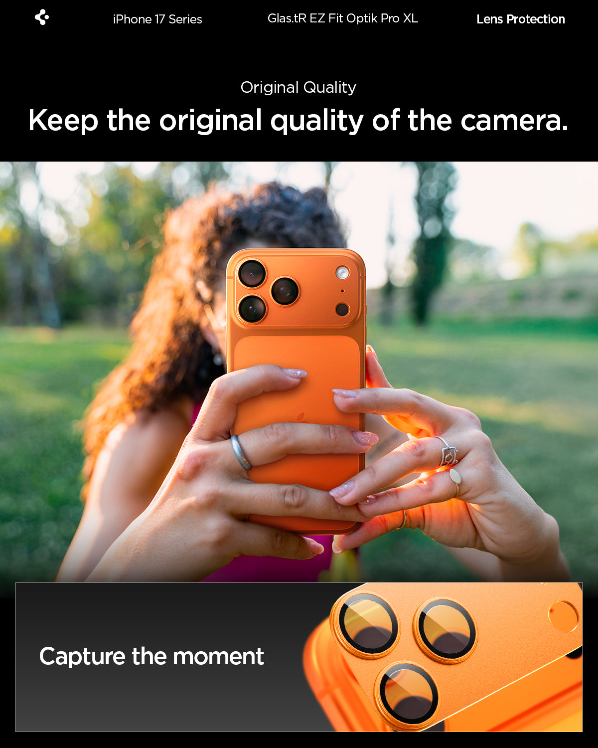 Sklo na fotoaparát pro iPhone 17 Pro Max Spigen Glass tR EZ Fit Optik Pro XL - oranžové