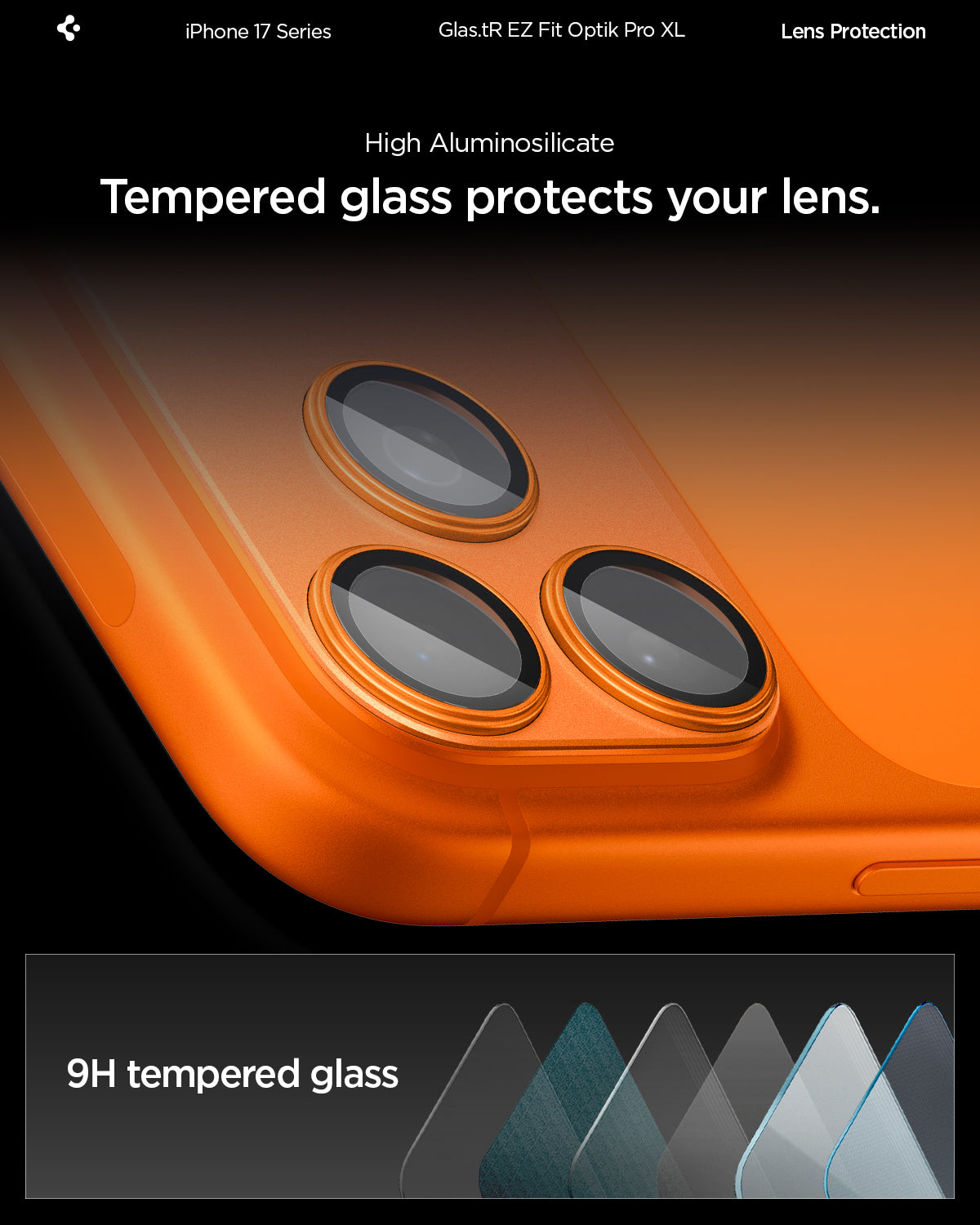 Sklo na fotoaparát pro iPhone 17 Pro Max Spigen Glass tR EZ Fit Optik Pro XL - oranžové