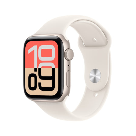 Apple Watch SE 3 GPS 44mm hvězdně bílé hliníkové pouzdro s hvězdně bílým sportovním řemínkem - M/L (otevřený)