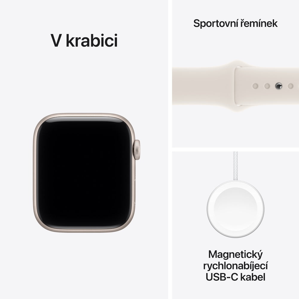 Apple Watch SE 3 GPS 44mm hvězdně bílé hliníkové pouzdro s hvězdně bílým sportovním řemínkem - S/M (otevřený) - istyle.work