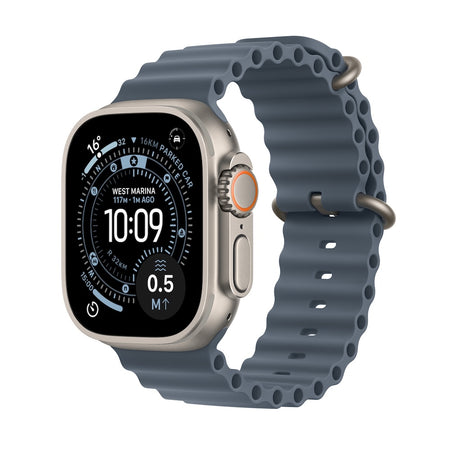 Apple Watch Ultra 3 GPS + Cellular 49mm přírodně titanové pouzdro s ocelově modrým oceánským řemínkem (otevřený)