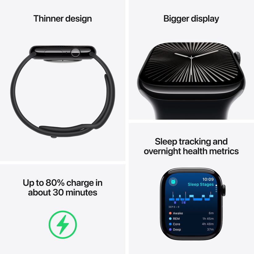 Apple Watch Series 10 GPS + Cellular 46mm klavírně černé hliníkové pouzdro s černým sportovním řemínkem - S/M (renovovaný) - istyle.work