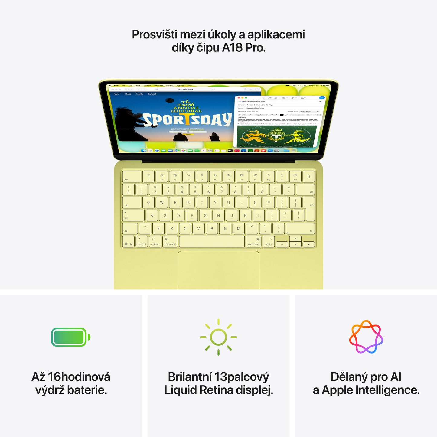 MacBook Neo 13", Apple A18 Pro čip, 6jádrové CPU, 5jádrové GPU, 8 GB, 256GB SSD – citrusově žlutý (otevřený) - istyle.work