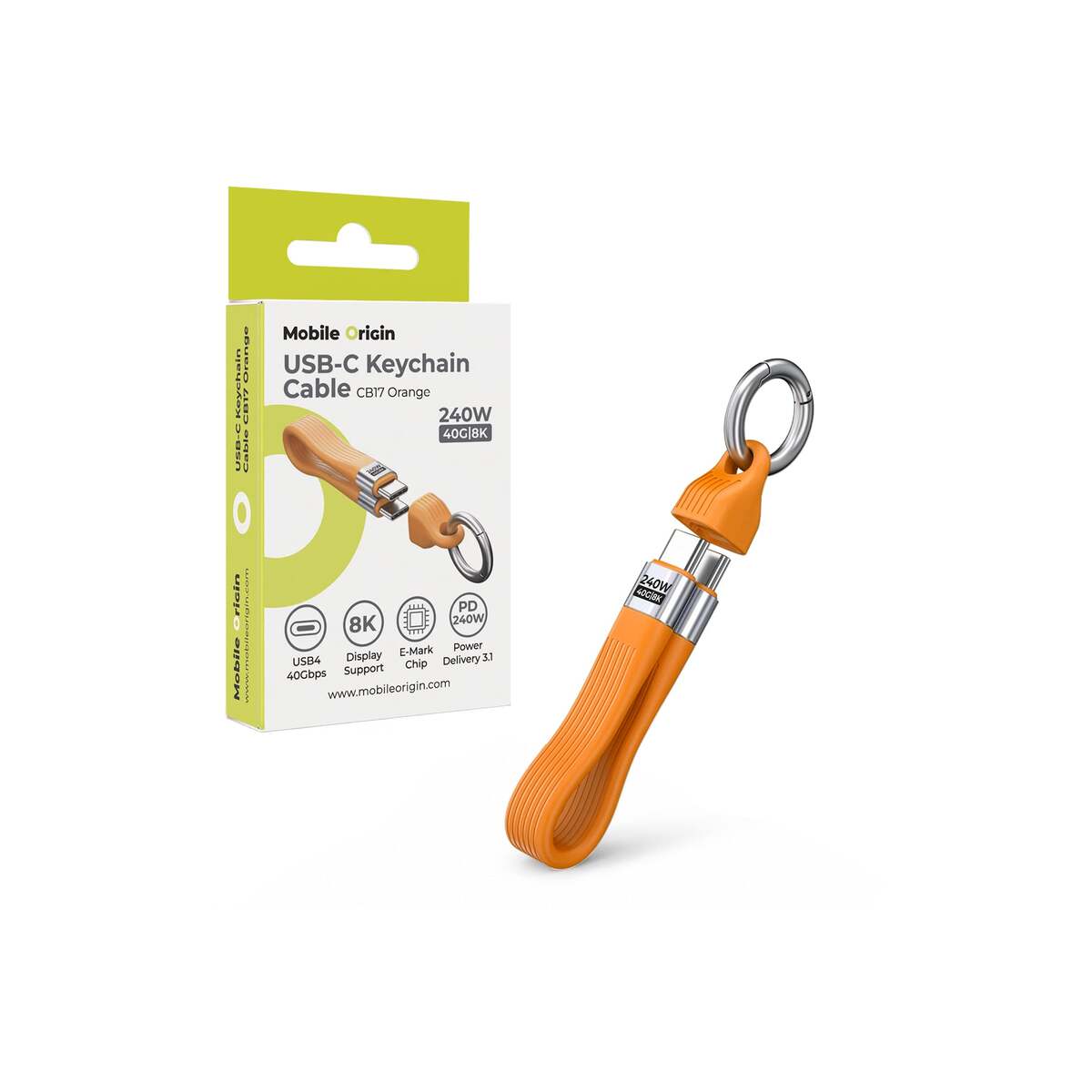 USB-C kabel s karabinou Mobile Origin CB17 240 W, 40 Gb/s, 8K – oranžový