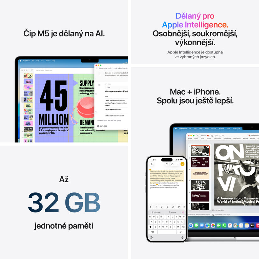 MacBook Air 15,3", Apple M5 10jádrové CPU, 10jádrové GPU, 24GB, 1TB SSD – stříbrný