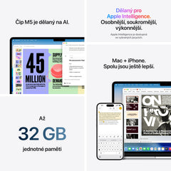 MacBook Air 15", Apple M5 čip, 10jádrové CPU, 10jádrové GPU, 32 GB, 2TB SSD, CZ - stříbrná