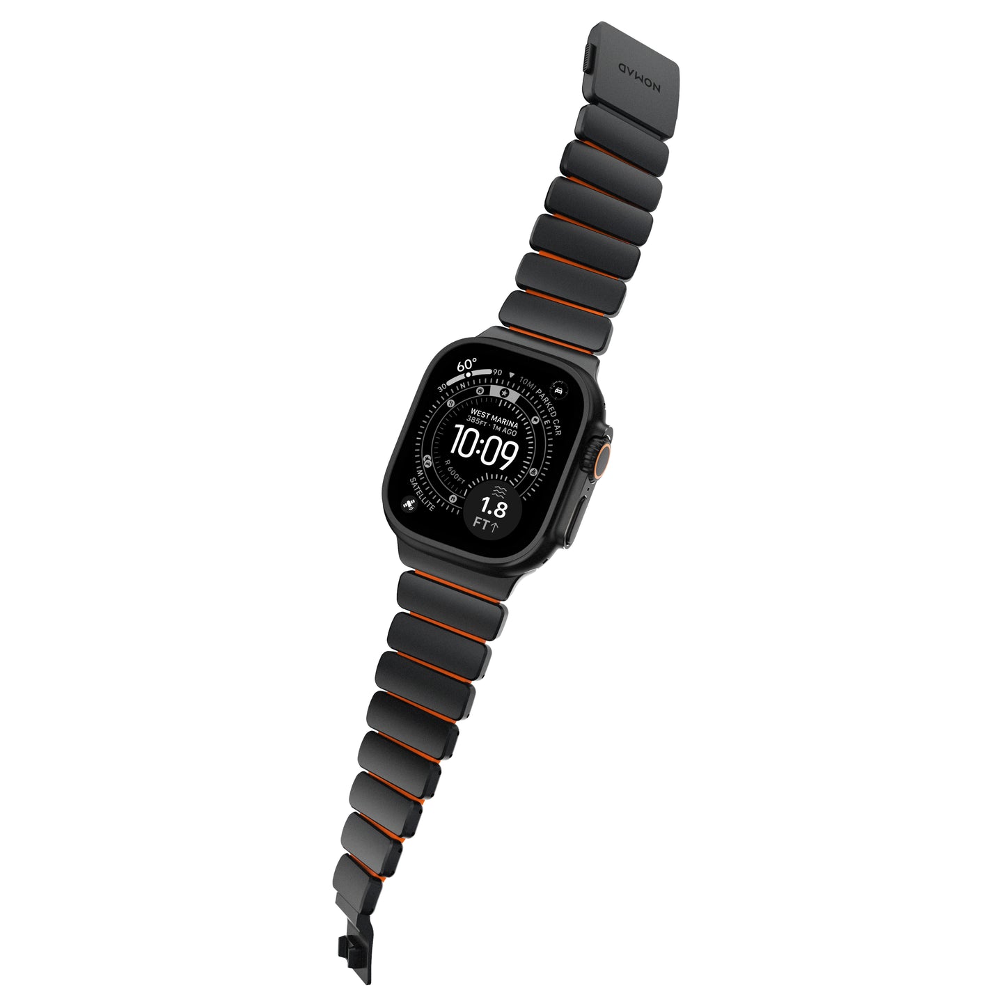 Řemínek pro Apple Watch 45/46/49mm Nomad Stratos Band Black Titanium Ultra FKM - černý/oranžový