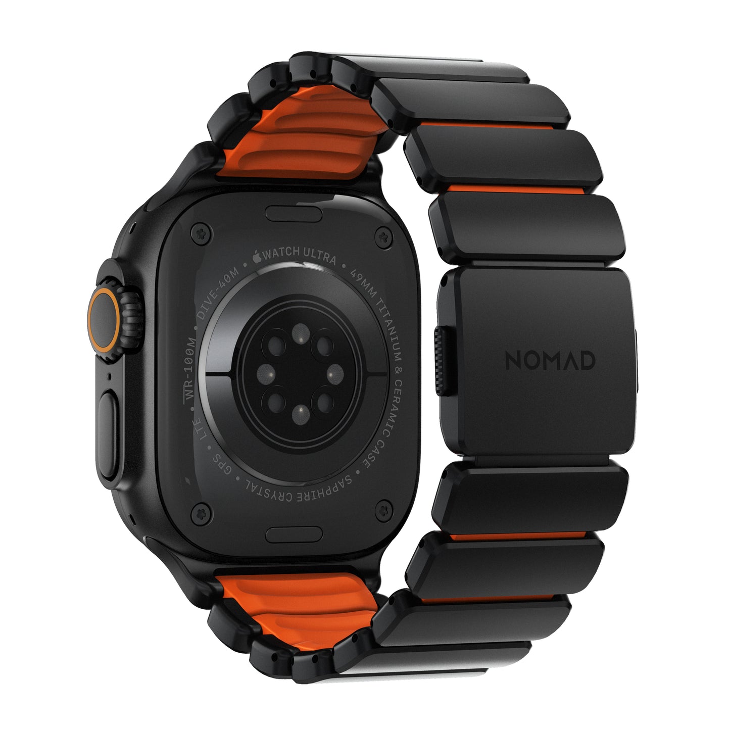 Řemínek pro Apple Watch 45/46/49mm Nomad Stratos Band Black Titanium Ultra FKM - černý/oranžový