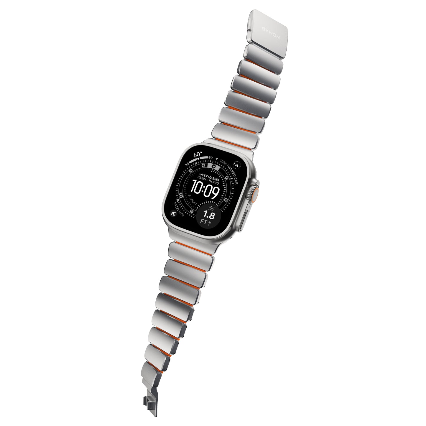 Řemínek pro Apple Watch 45/46/49 mm Nomad Stratos Band FKM - stříbrný/oranžový