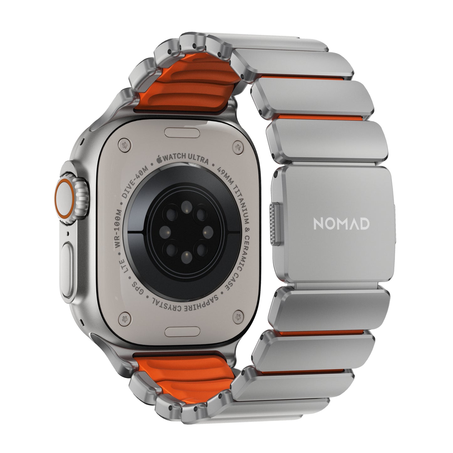Řemínek pro Apple Watch 45/46/49 mm Nomad Stratos Band FKM - stříbrný/oranžový