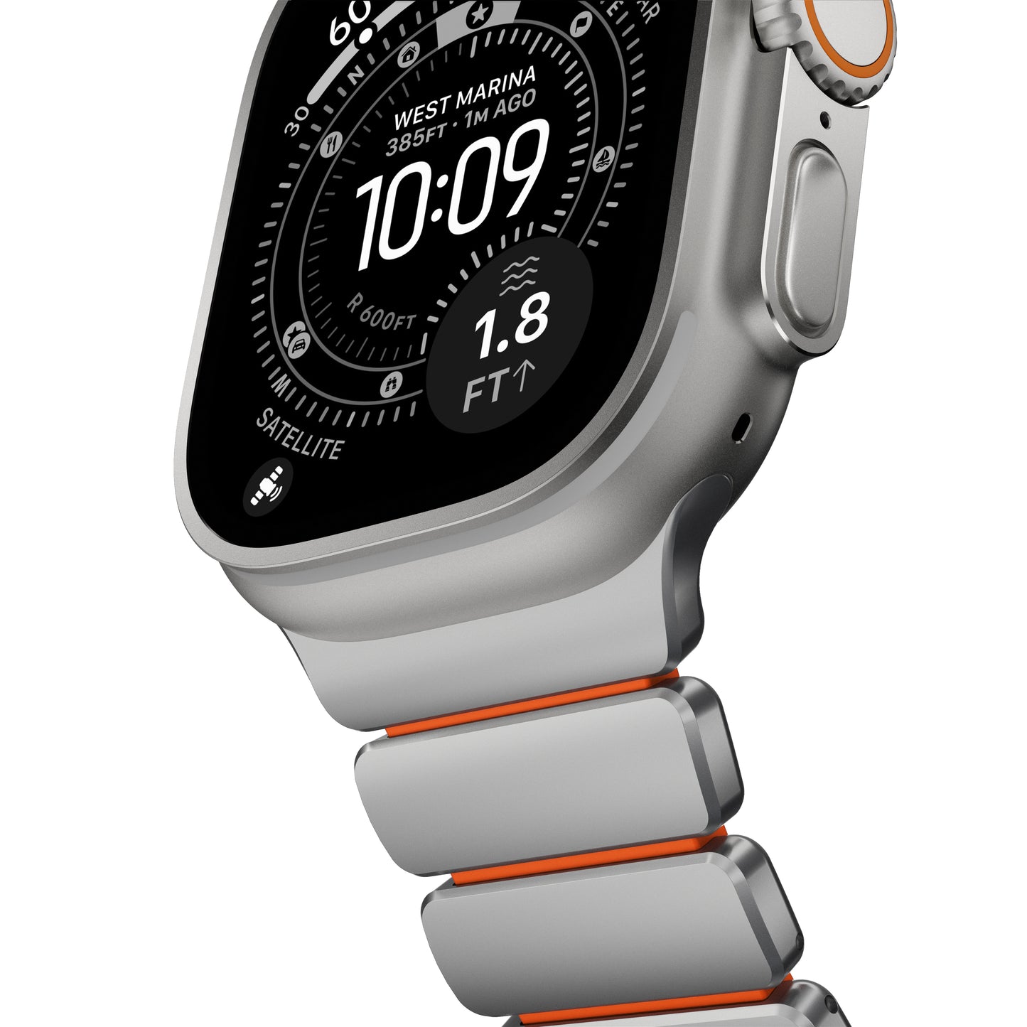 Řemínek pro Apple Watch 45/46/49 mm Nomad Stratos Band FKM - stříbrný/oranžový