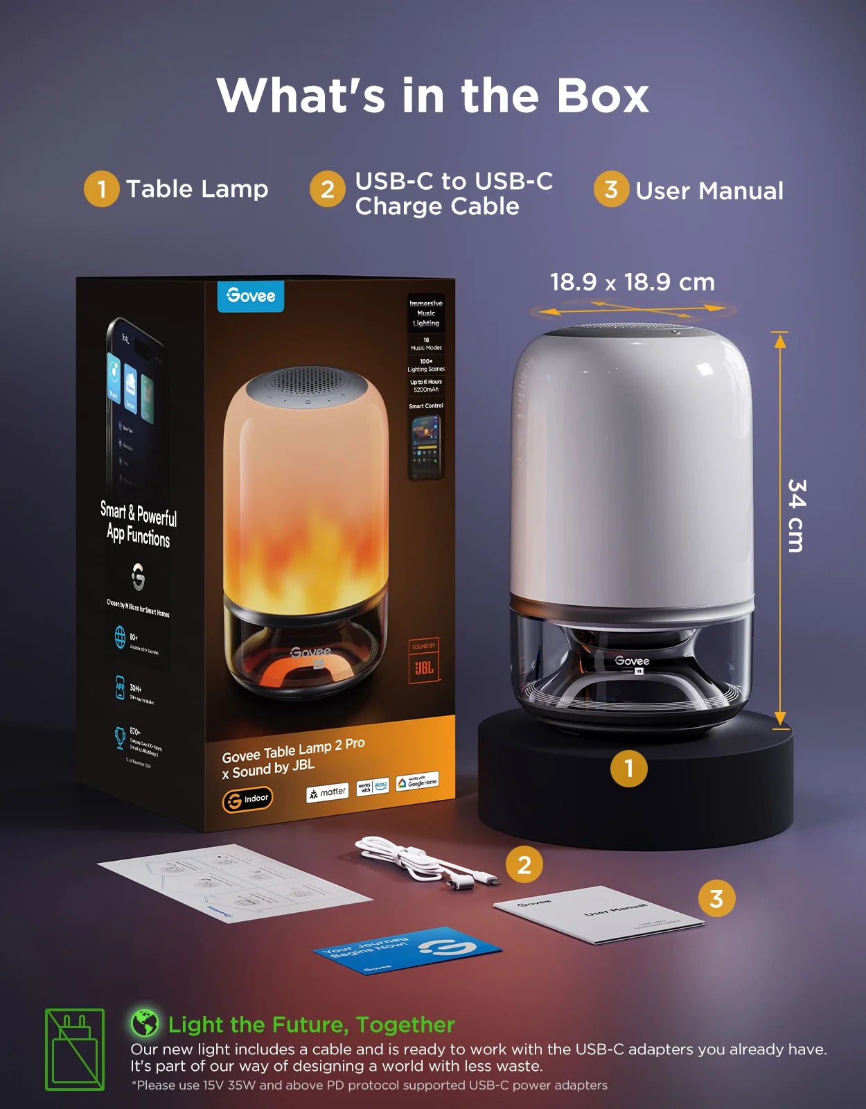 Stolní lampa s reproduktorem Govee Table Lamp 2 RGBW Sound by JBL – bílá