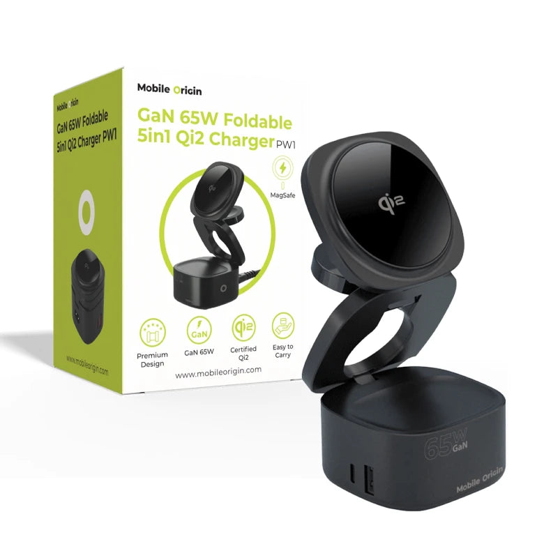 Bezdrátová nabíječka Mobile Origin 65W GaN 5in1 Foldable Qi2 Charger PW1 - černá - istyle.work