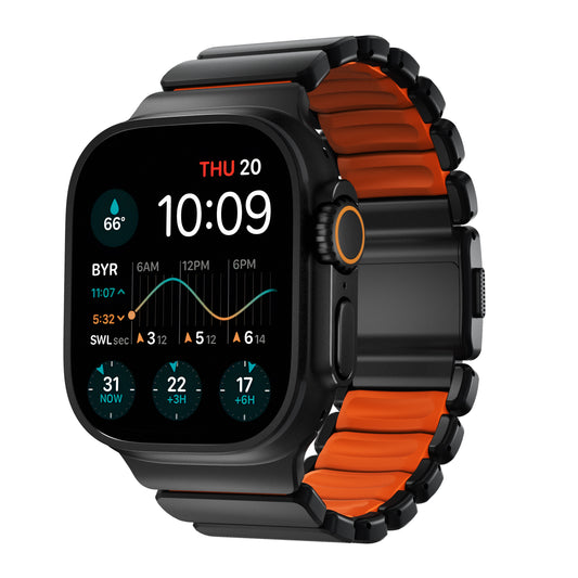 Řemínek pro Apple Watch 45/46/49mm Nomad Stratos Band Black Titanium Ultra FKM - černý/oranžový